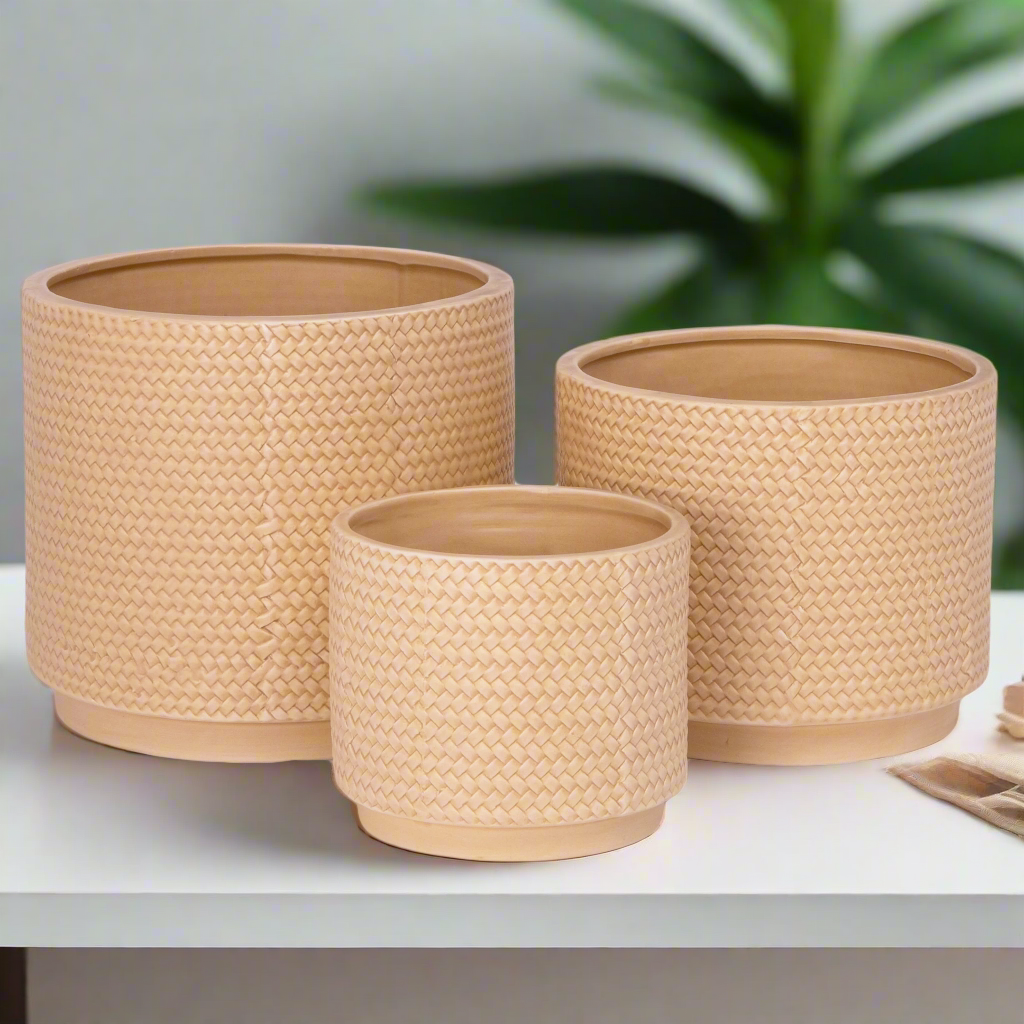 Irene Ceramic Embossed Round Pot Set (Set of 3)