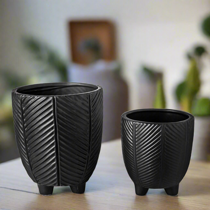 Kavrine Ceramic Round Pot with Embossed Chevron Stripe Design and Stand (Set of 2)