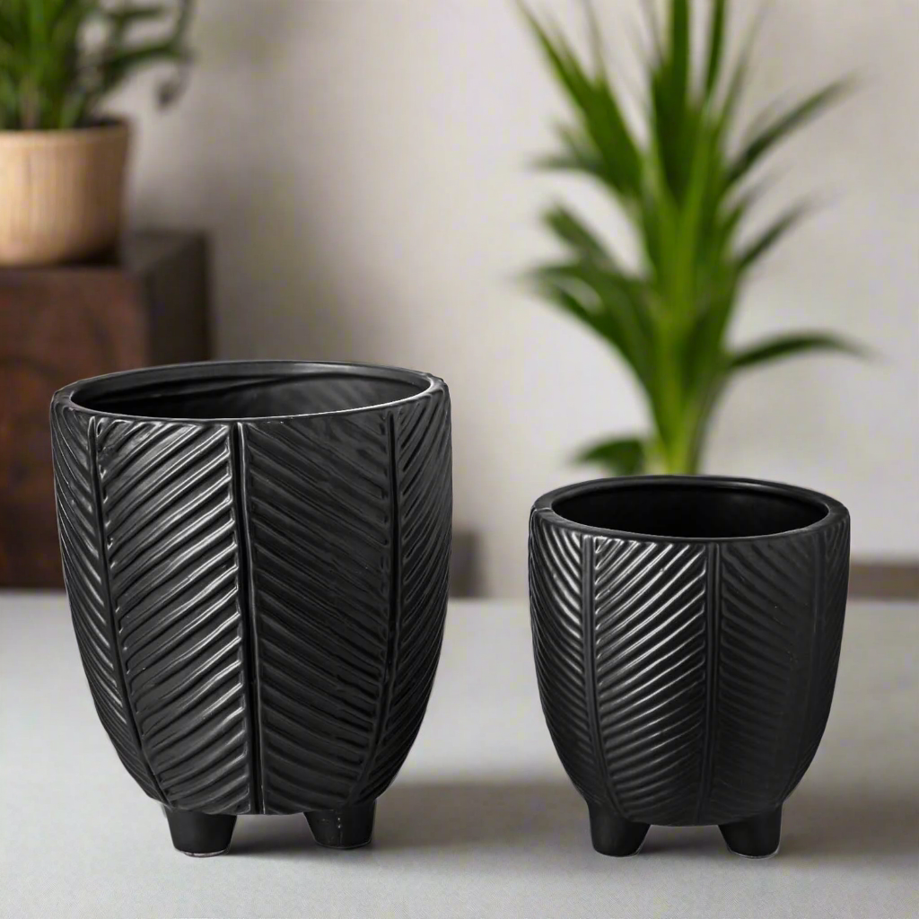 Kavrine Ceramic Round Pot with Embossed Chevron Stripe Design and Stand (Set of 2)